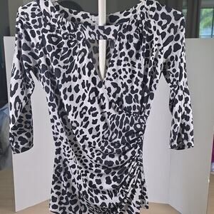 Cache S Black White Animal Print Bodycon Dress Keyhole Ruched 3/4 Sleeve